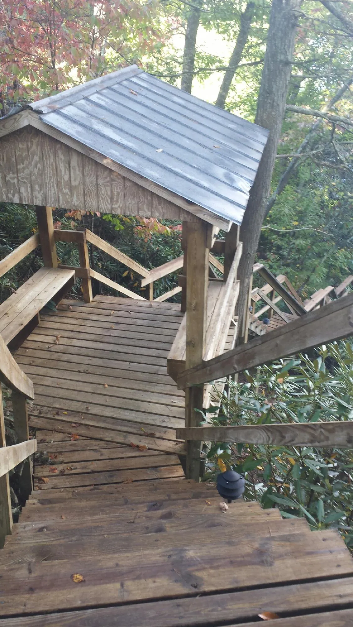 Metal roofed shelter over wooden steps on a wooded walkway — Skylight Repair & Installation work by our crew in Dunkirk